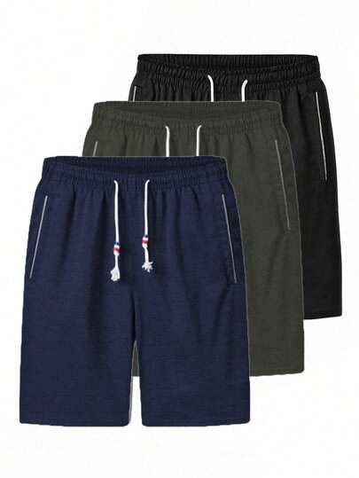 3pcs Men's Solid Color Shorts, Lightweight Fabric, Suitable For Fitness And Leisure