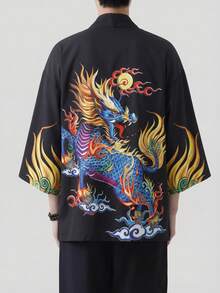 雄伟麒麟七分袖长袍，吉祥云火印花宽松休闲和服开衫（男士款） - 黑色 - 查看 3