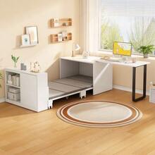 This 2-In-1 Desk And Fold-Down Bed Features A Metal Bed Frame And Legs, A 4 Cm Thick Mattress, Casters, A Single Cabinet With Two Storage Compartments, And Is White. - White - View 2