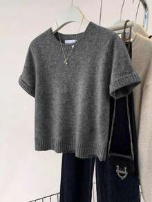 Top de punto acanalado de unicolor, de moda para el uso casual de primavera/verano - Gris Oscuro - Ver 2