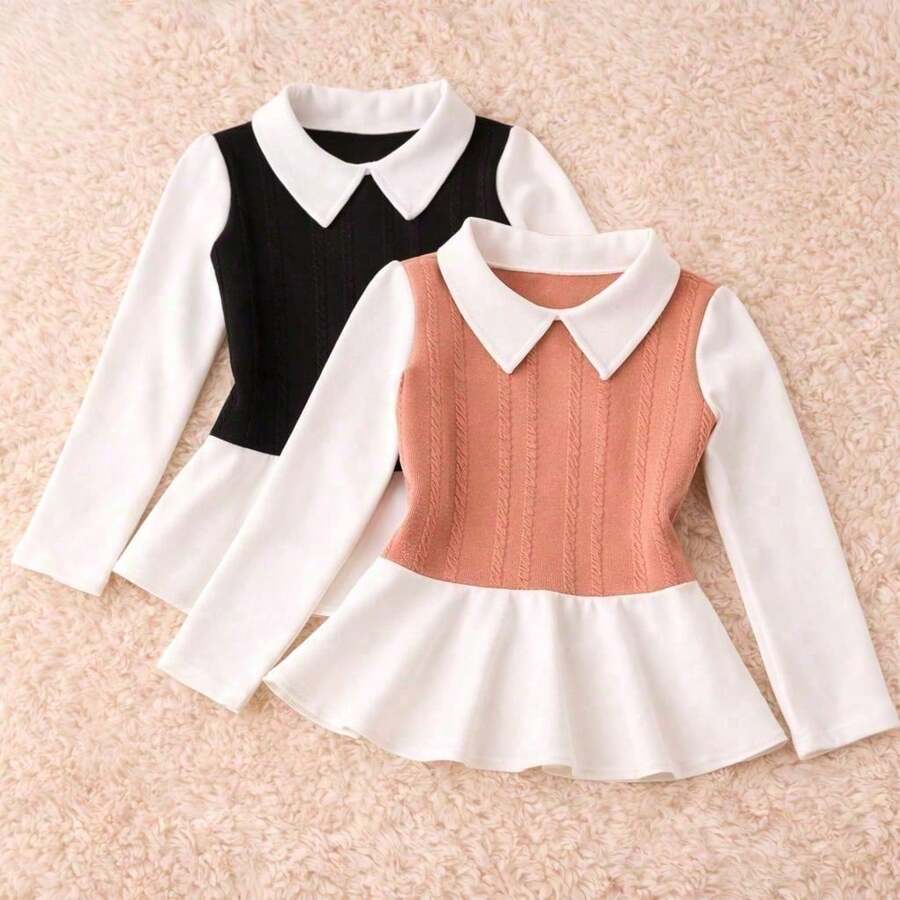 Girls' Long-Sleeved Blouse, For Bloggers, Cold Weather, Winter / Long-Sleeved Blouse - ROSE/BLACK - 2-pIECE KIT - View 1