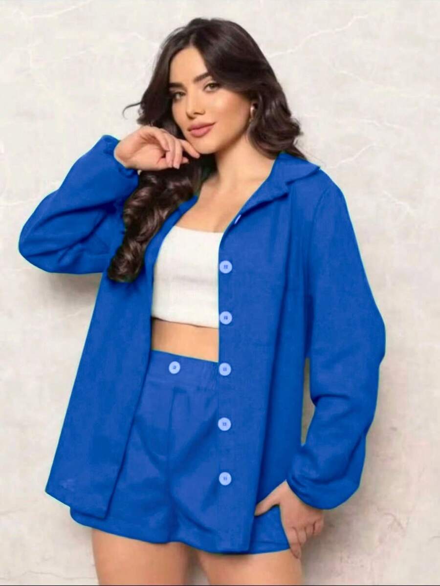 Combination Set Consisting Of A Long-Sleeved Top And Shorts. - Blue - View 1