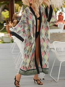 Große Größen Damen Boho-Stil lange gewebte Kimono Strandkimono, Blätterdruck, geeignet für den Urlaub, modischer Kurzarm Strandüberwurf für den Sommer - Aprikosenfarben - Übersicht 1