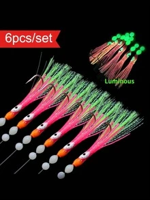 6pcs/Set Glow-In-The-Dark Squid Fishing Hooks, Luminous Octopus Skirt Fishing Lures, Surface Fishing Bait Essential For Anglers - Multicolor - View 1
