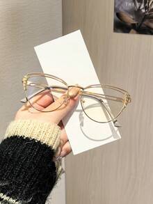 1 pieza Montura de gafas de moda para mujer, marco de metal tono dorado con forma de ojo de gato, estilo elegante y lujoso, para uso diario, trabajo, estudio y actividades al aire libre con estuche de gafas - Multicolor - Ver 3
