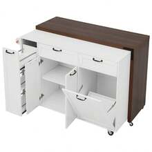 MERAX 102.3" Kitchen Island With Extendable Dining Table, Kitchen Rolling Island Cart With Trash Storage Cabinet, 3-Tier Pull-Out Spice Rack, Mobile Island Table On Wheels For Kitchen, Dining Room, White - White - View 11