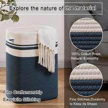OIAHOMY Laundry Hamper-Laundry Basket,Tall Cotton Storage Basket With Handles,Decorative Blanket Baskets For Living Room,Collapsible Large Baskets For Toys,Pillows,Clothes-16x13x22in-Blue - Blue - View 3