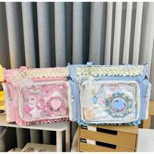 Ita Crossbody Tote Bag, Pin Display With Insert Large Messenger Bag, Cute Tote Bag With Zipper Ruffle, Japanese Aesthetic Y2k - Blue - View 8