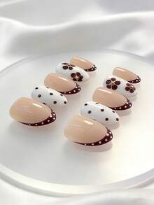 10 piezas de uñas acrílicas de aplicación manual, uñas cortas desmontables con forma de almendra, decoración minimalista linda de estilo Y2K gótico punk, café, oro, perla, ciruelo, tallado 3D, teñido anudado, lunares, manicura francesa, adecuado para Año Nuevo, Día de San Valentín, Día de la Madre, citas, fiestas, vacaciones, primavera, verano, otoño, invierno, decoración esencial de maquillaje de mujer, regalo favorito de mujer - Café integral - Ver 3