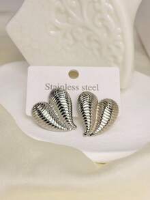 Women's Silver Heart Textured Stud Earrings - Fashionable Stainless Steel Heart Earrings. Minimalist Y2K Style Studs Are Lightweight, Anti-Oxidation, And Comfortable To Wear. Suitable For Daily Wear, Work, Dates, Parties And Special Occasions, Whether For Daily Wear, Holiday Celebrations, Vacation Travel Or Party Gatherings, They Are An Excellent Choice. - Silver - View 5