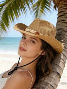 Beach Vacation Straw Cowboy Hat UV Protection Windproof Fashion Western Style Sun Hat - Straw Cowboy Hat - View 3