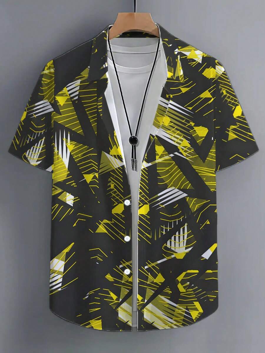 Abstract Geometric Yellow And Black Pattern Symbolizes Bold Confidence And Dynamic Energy 3D Printed Short Sleeve Casual Button Up Shirt For Men Summer Street Fashion Top - 白色 - 查看 1