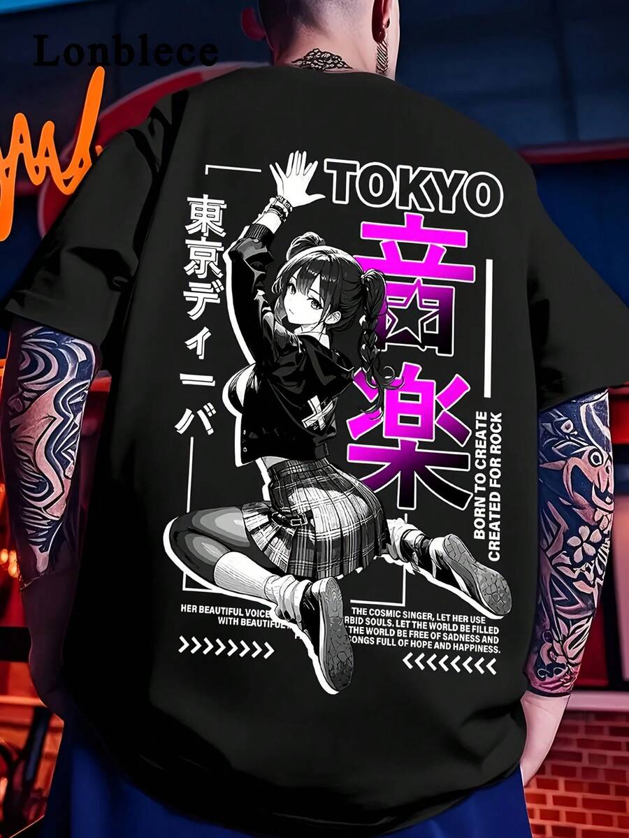 Lonblece 1件男士日系动漫音乐印花宽松T恤，原宿街头风休闲上衣，适合动漫和摇滚乐爱好者 - 黑色 - 查看 1