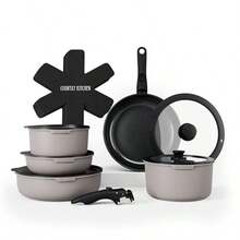 Country Kitchen - Juego de ollas y sartenes de 16 piezas utensilios de cocina antiadherentes seguros con mango extraíble suave al tacto juego de utensilios de cocina para RV apto para horno - Asas de madera gris/negro - Ver 1