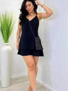 Women's Short, Loose-Fitting Dress With Layers And Ruffles In Candy Colors For Summer, With Adjustable Straps. - 黑色 - 查看 6