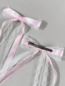 2个装女士音乐节纯色缎面蕾丝蝴蝶结装饰发夹，简约风格，适合日常佩戴、夏季、假日、旅行 - 粉色 - 查看 3