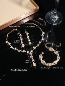 3pcs Set Elegant Necklace, Earrings, Bracelet, Floral Design With Rhinestones, Suitable For Women's Daily Wear, Weddings, Parties And Other Occasions - Gold - View 3