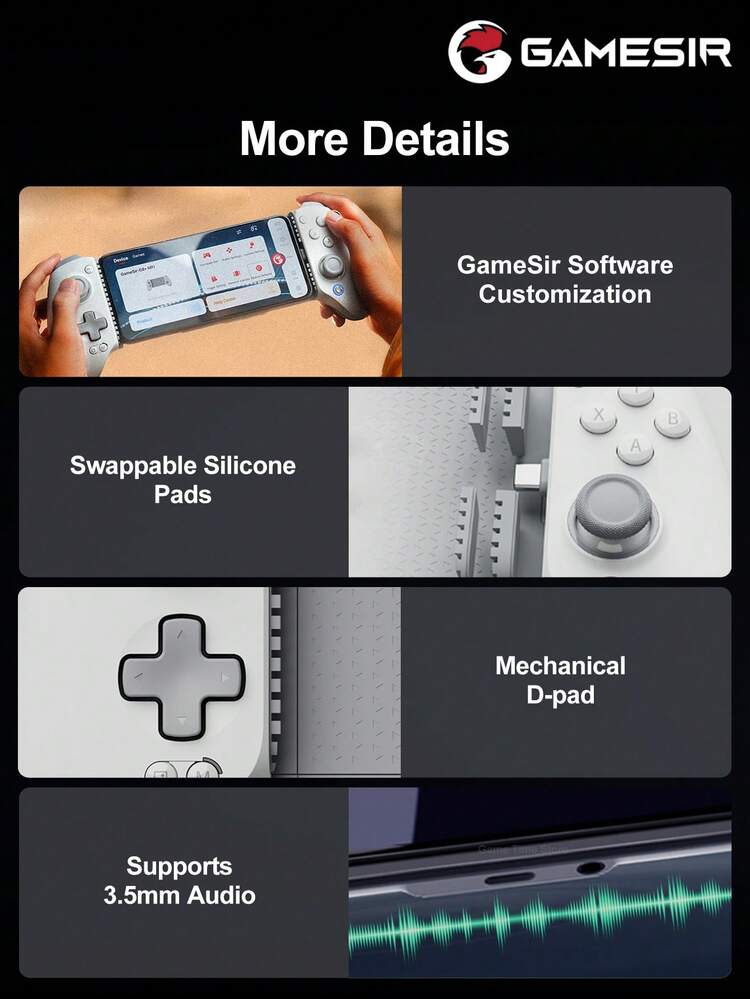 GameSir G8+ MFi 官方认证有线游戏手柄摇杆，兼容 17/16/15 系列、Mini 7/6 等 iOS、macOS 和安卓手机游戏手柄，长度 125-215mm，采用霍尔效应摇杆、霍尔效应模拟/灵敏扳机、双非对称马达和两个背部按钮。 - 查看 10