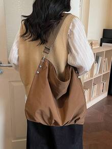 1 Piece Beige Soft Foldable Canvas Large Capacity Open Top Hobo Bag For Women & Daily Commute - Multicolor - View 5