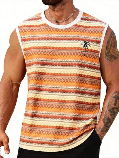 Men's Summer Sleeveless Round Neck Contrast Color Print T-Shirt, Retro Pattern, Suitable For Summer Wear, Comfortable And Breathable
