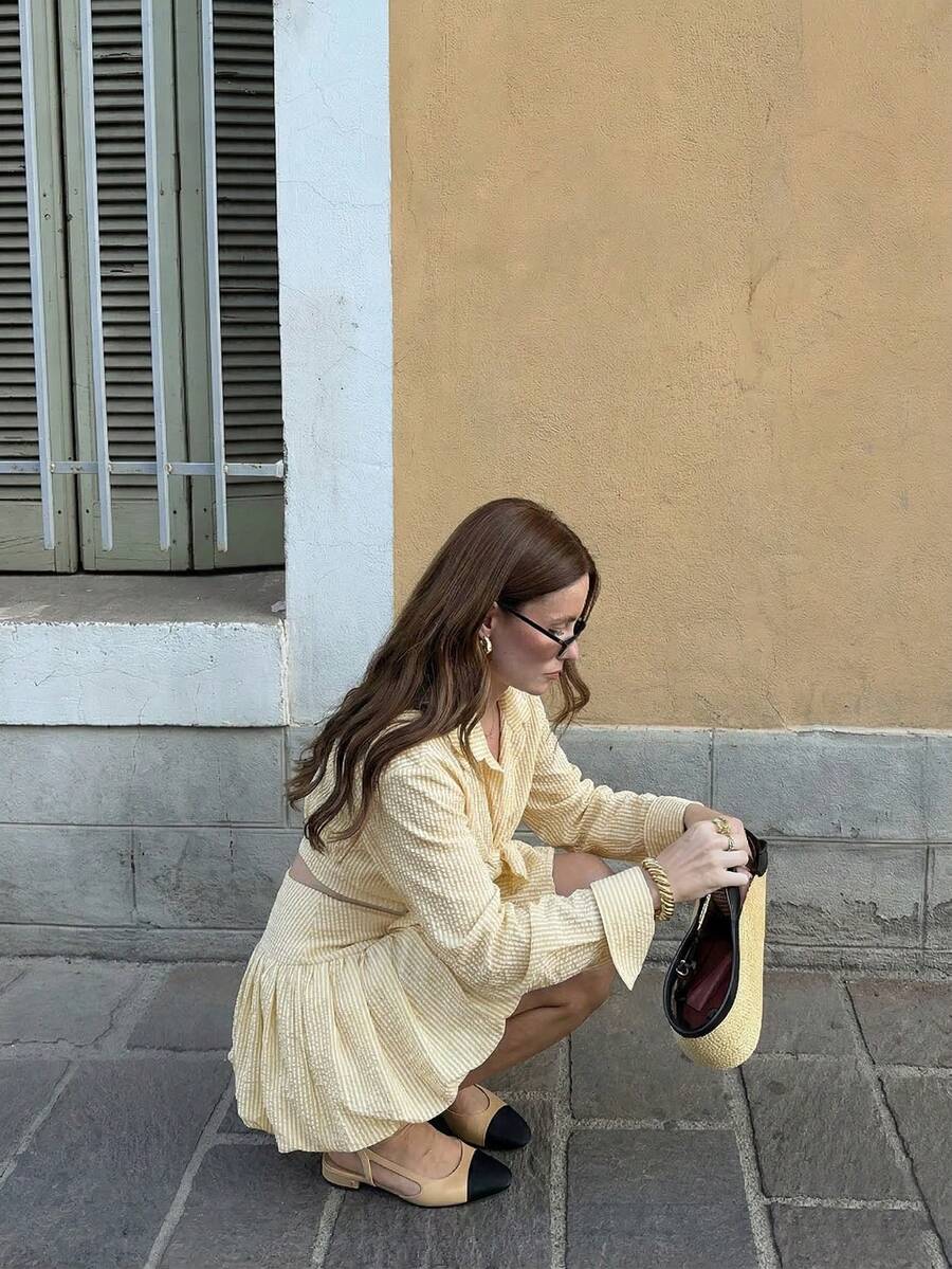 2026春夏新款性感休闲条纹衬衫领长袖两件套，系带露脐上衣搭配高腰层叠荷叶边迷你裙，女士夏季穿搭，Y2K风格，街头时尚，女士春季服装，女士休闲装，女士优雅服饰，女士沙滩装，女士度假装，女士假日装，女士外出装，女士派对礼服，女士生日装 - 黃色 - 查看 1