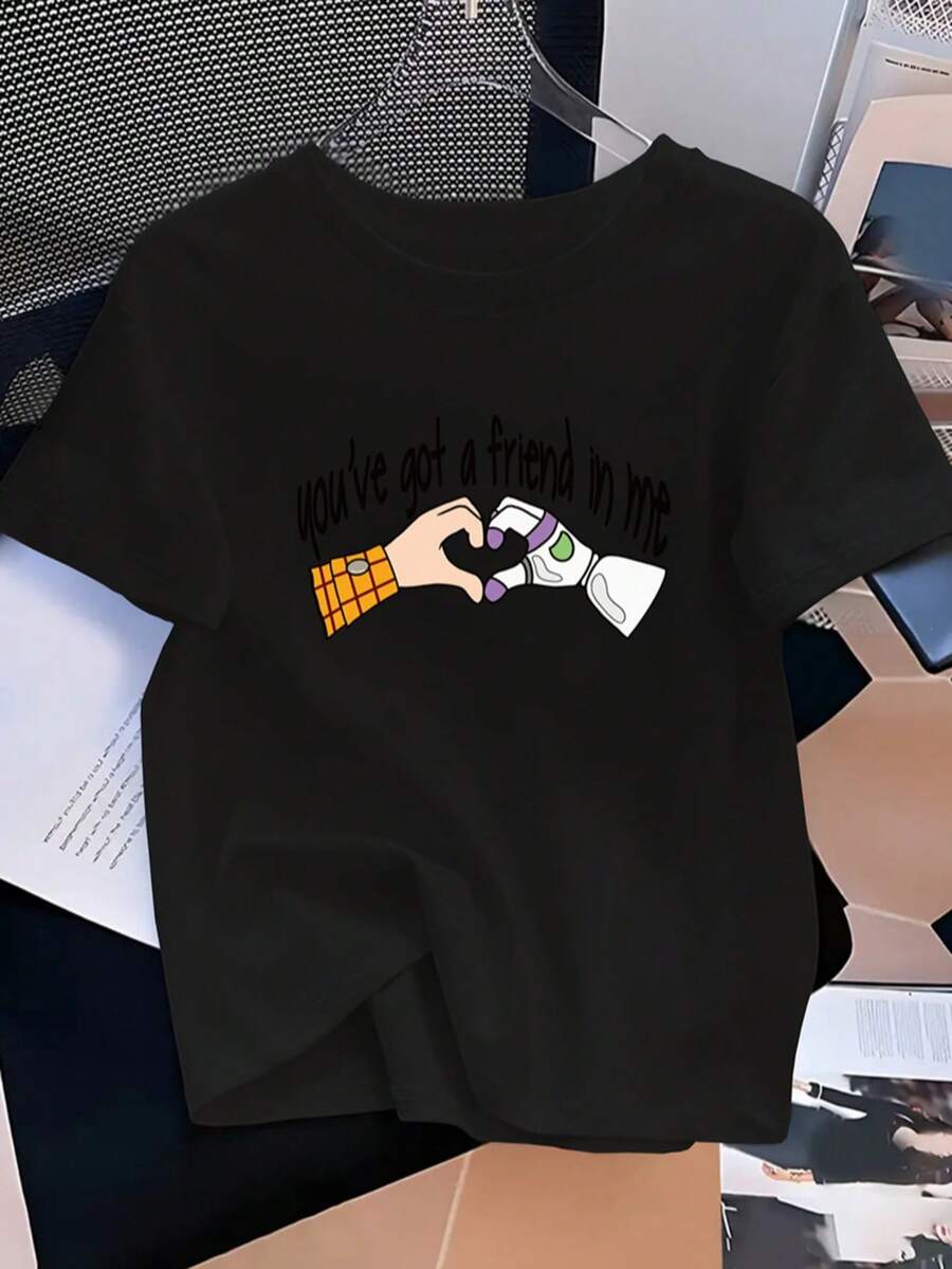 (Authorized By Disney) Hudibas Lightyear Printed T-Shirt, The Words "You've Got A Friend In Me", The Pattern Of Cowboy And Spacesuit Hand-In-Heart, And The Printed Short Sleeves With The Theme Of Toy Story Friendship. The Fabric Is Soft, Comfortable And Breathable, Suitable For Daily Wear, Shopping, Traveling, Gathering And Home Use. It Is Also Suitable As A Beautiful Gift. Every Woman Should Have One. - Black - View 1