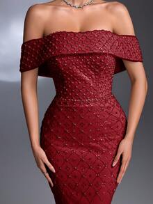 AMILUCK New Luxury High-End Sequin, Sequins, Lace Off Shoulder Ruffle Hem Slit Elegant Dress, Suitable For Formal Occasions, Parties, Red Carpet, Weddings - Burgundy - View 4