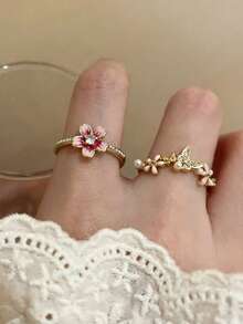 一套两枚新款可爱珐琅3D立体花朵珍珠戒指套装，优雅樱花开口戒指套装，送给女友的珍贵礼物 - 花朵戒指套裝 - 查看 4