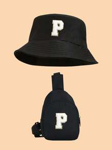 Bộ 2 món mũ tai bèo in 26 chữ cái viền vàng và túi đeo chéo cho trẻ em, mũ chống nắng ngoài trời nhẹ, trang phục thời trang đa năng unisex. - màu đen - Xem 20