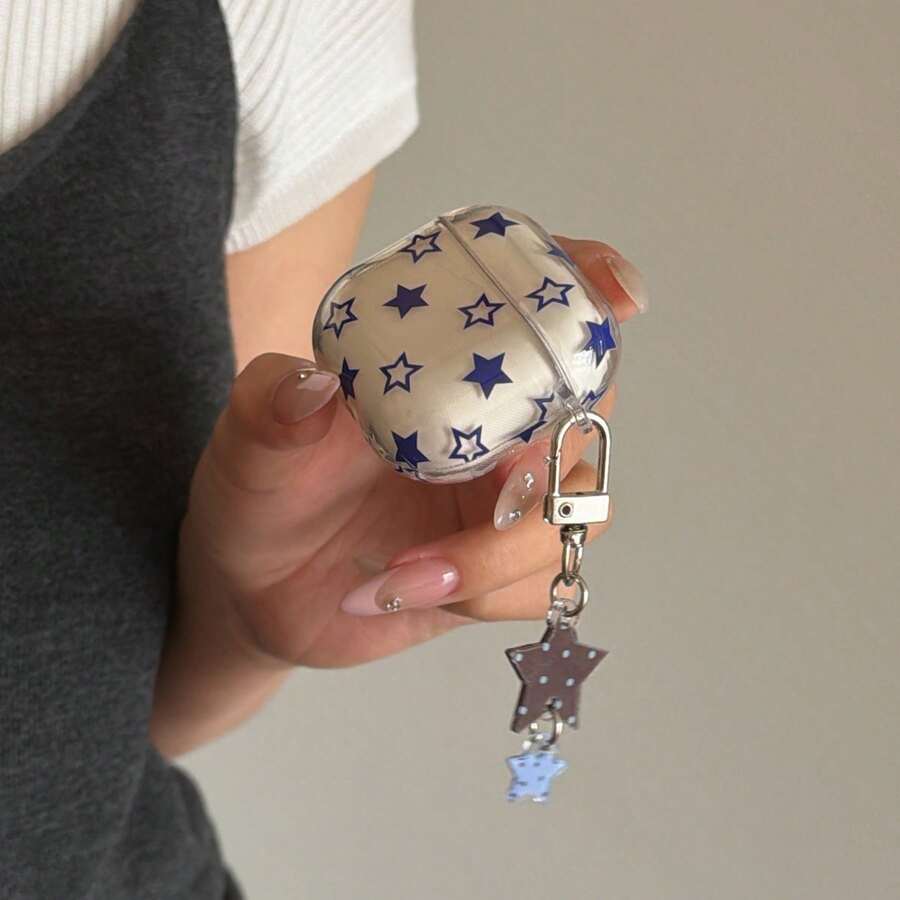 透明蓝色星星吊坠耳机保护套，兼容苹果 Pro 3/Pro 2/ 4/ 3/ 2，时尚女士耳机保护套，简约耳机保护套，苹果耳机保护套，苹果耳机套