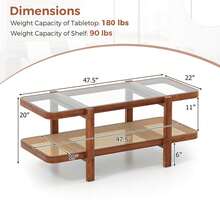 2-Tier Rustic Coffee Table With Storage Tempered Glass Tabletop PE Rattan Shelf Brown - Brun - Visa 4