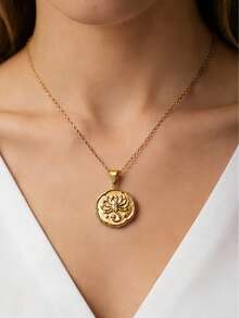 MECYLIFE 1pc Stainless Steel Vintage Zodiac Coin Necklace, Minimalist Style Jewelry For Women - Yellow Gold - View 1