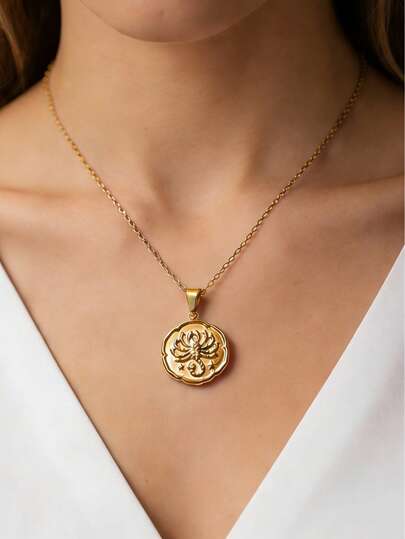 MECYLIFE 1pc Stainless Steel Vintage Zodiac Coin Necklace, Minimalist Style Jewelry For Women