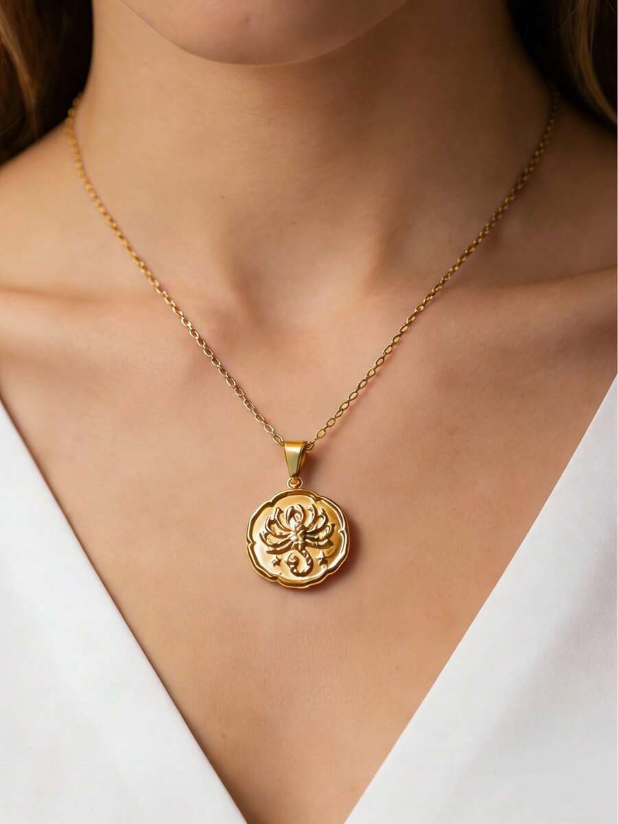 MECYLIFE 1pc Stainless Steel Vintage Zodiac Coin Necklace, Minimalist Style Jewelry For Women - Yellow Gold - View 1