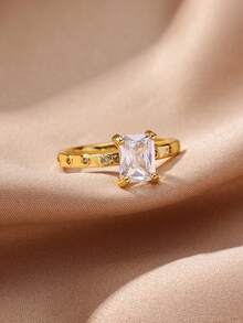 Classic Square White Cubic Zirconia Women's Wedding Ring, Suitable For Mothers, Size 7 And 8, 18K Gold Plated, Anti-Fading, Vacation Jewelry, Party Accessories, Mother's Day And Anniversary Gift - Various - View 3