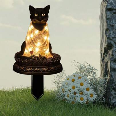 1pc 2D Acrylic Black Cat With Light Pattern Garden Stake Decor | Decorative Garden Decor, Suitable For Yard, Lawn, Outdoor Setting, Vintage And Country Style, Plastic Material