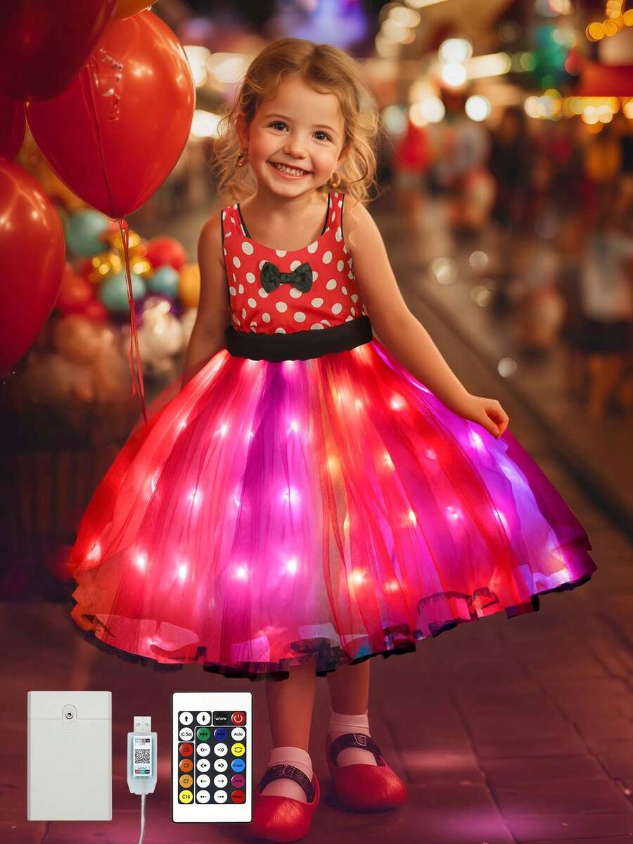 Girls Light Up Princess Costume, Toddler Kids Dress Up Costume, Syncs With Music, App-Control, For Halloween, Christmas And Birthday Dress With Headband - 紅色 - 查看 1