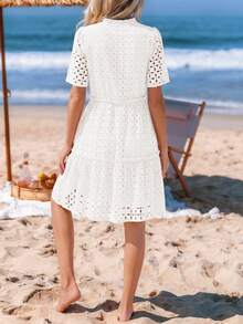 PRETTYGARDEN Women's Summer Elegant Dress V-Neck Hollow Eyelet Ruffle A-Line Hem Short Casual Wedding Graduation Travel Beach Holiday Vacation White Dresses For Women - 白色 - 查看 3