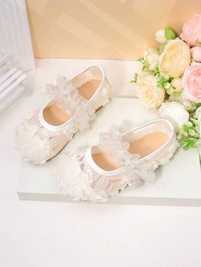 1 Pair Girls' Lace Rose 3D Decor + Sequin Mesh Bow Accent Breathable Lining Mixed, Non-Slip Rubber Sole Round Toe Low-Top Elastic Band Flat Princess Style Girls Casual Shoes, Suitable For School Or Family Outing