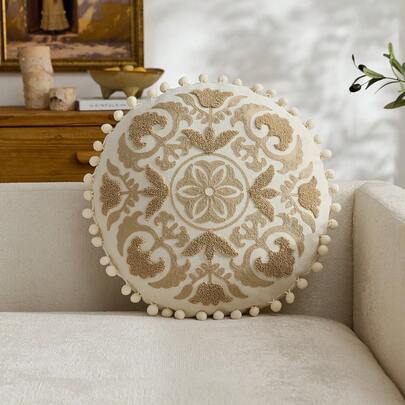 1 chiếc vỏ gối tròn thêu họa tiết hình huy chương màu be truyền thống, vỏ gối hoa mùa xuân/hè, thích hợp trang trí nội thất, vỏ gối dùng được cả bốn mùa, không bao gồm ruột gối.