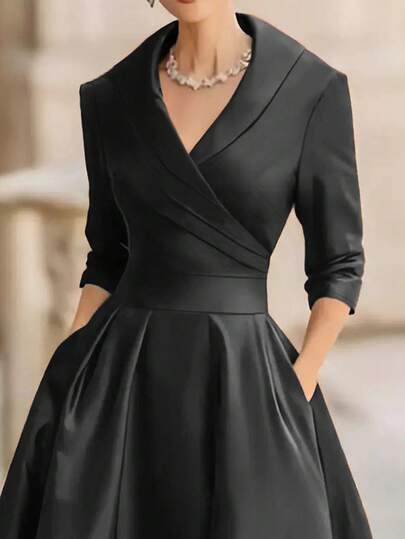 Elegant Fashion European & French Style Women's Long Sleeve Dress With Large Lapel, Minimalist Holiday & Casual Korean Style Formal Waist Cinched Sexy Deep V Neck Slimming Dress, Autumn/Winter Black Spring