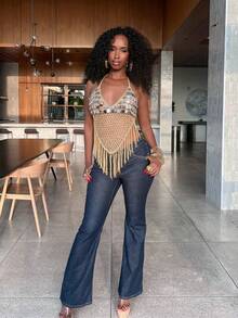 Áo dệt kim nữ SEREN đính sequin, tua rua, khoét eo, gợi cảm, đa năng, thích hợp cho buổi hẹn hò. - Màu Khaki - Xem 6