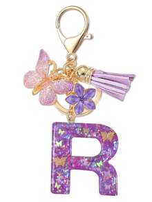 1个紫色蝴蝶字母钥匙扣，饰有闪亮亮片、流苏和珐琅花朵吊坠，时尚手提包挂件，母亲节礼物 - 淡紫色 - 查看 12