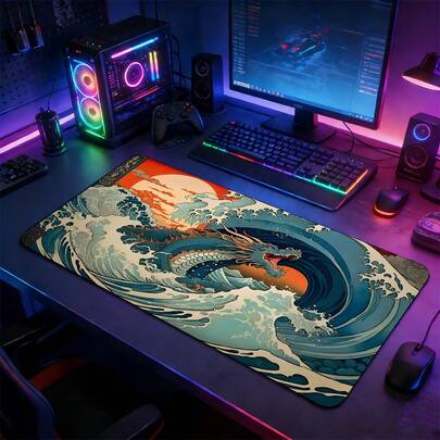 YUFZX Tấm lót chuột chơi game cỡ XXL in hình Rồng Ukiyo-E và Sóng lớn kiểu Nhật Bản, thảm trải bàn lớn có đế cao su chống trượt, viền may chắc chắn, có thể giặt được, phù hợp cho dàn máy chơi game tại nhà và văn phòng, món quà lý tưởng cho game thủ, người hâm mộ nghệ thuật Nhật Bản và sinh vật thần thoại.