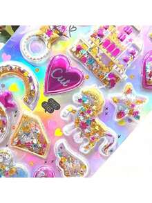 1张/4张/12张可重复使用的3D闪光金色摇摇贴纸，烫金亮片贴纸，适用于剪贴簿、日记、相册、信封、DIY工艺品，卡通3D浮雕贴纸，趣味可爱水晶贴纸（随机款式） - 彩色 - 查看 9