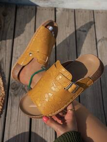 Thick Bottom Cork Slide Sandals Breathable Adjustable Buckle Non‑Slip Wear-Resistant Indoor Outdoor Slippers - Yellow - View 4