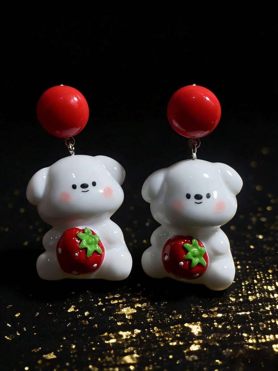 1 Đôi bông tai nhựa hình thú cưng dễ thương - Đế bông tai đính hạt màu đỏ rượu vang + thiết kế hình gấu dâu tây, thích hợp để đeo hàng ngày hoặc dự tiệc theo chủ đề ngọt ngào. - Nhiều màu - Xem 1
