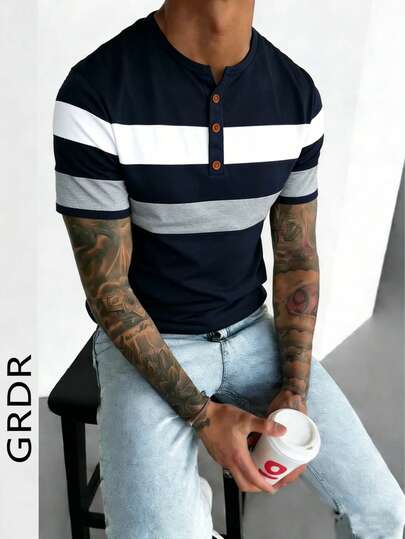 GRDR 1 pieza Camiseta de hombre de cuello redondo de estilo casual de negocios con contraste de color, nueva para el verano