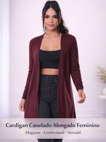 Women's Ribbed Cardigan, Long Sleeve, Open, Casual, Elegant - Màu Đỏ Sâu - Xem 2
