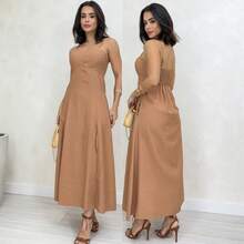 Elegant Strappy Midi Dress With A-Line Cut And Waist Adjustment With Lined Cups - Rust Brown - View 3